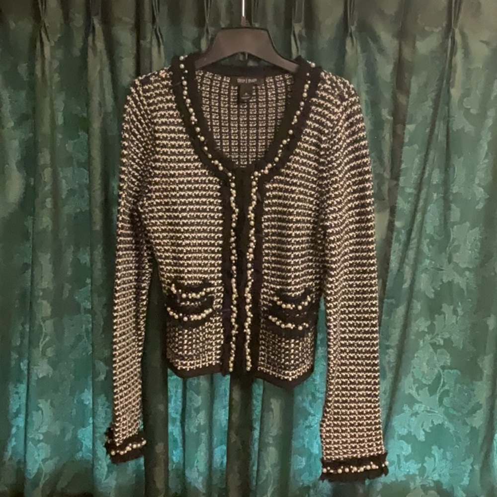 WHBM White House Black Market Black White and Pearl Like Knit Cardigan NWOT Sz M